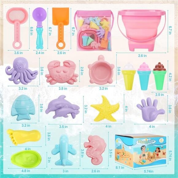 Beach Toys, Ice Cream Sand Toys with Collapsible Bucket and Shovels for Kids - Picture 6 of 7